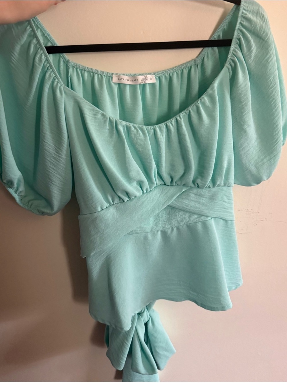 Altar'd State Mint Green Puff-Sleeve Peplum Top